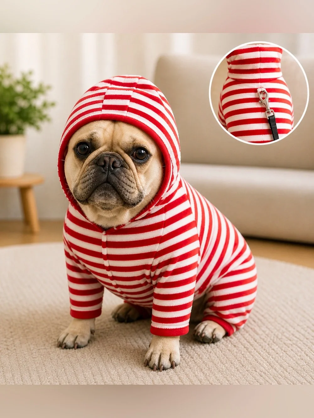 ❤️🤍 Red & White Striped Hooded Dog Pajama – Size Medium 🤍❤️